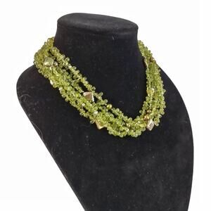 Multi Strand Lime Green Necklace Choker Iridescent Bronze Glass Beads Bracelet